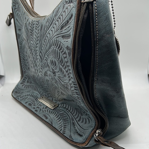 American West Gorgeous Light Blue/Brown Floral Leather Shoulder Bag Purse 🌸🌸 - Picture 4 of 14